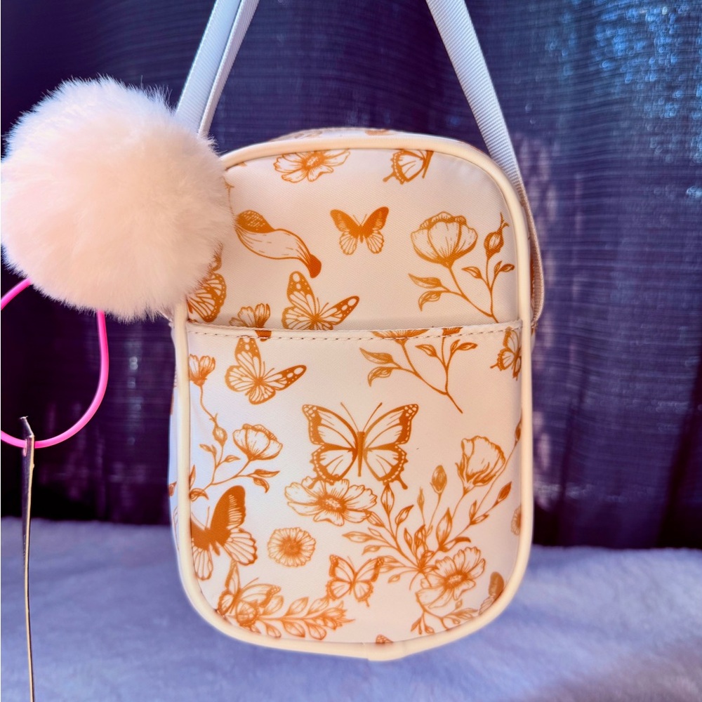 Elegant Floral Butterfly Mini Bag - Cream and Orange